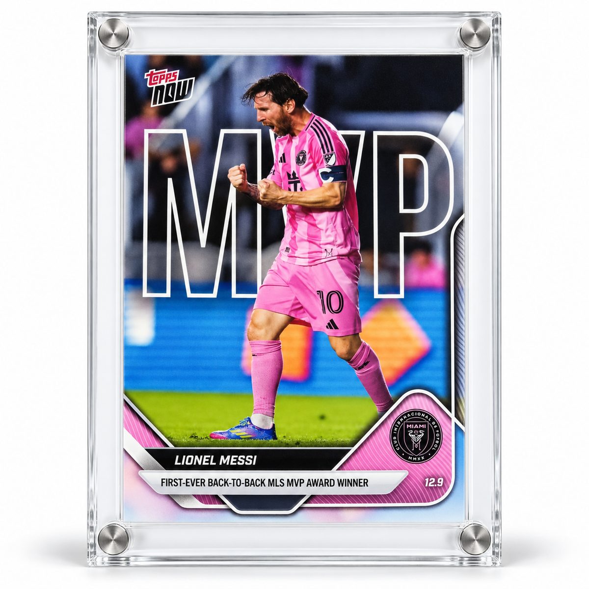 LIONEL MESSI TOPPS NOW CARD - BACK TO BACK MVP AWARD WINNER  — front side